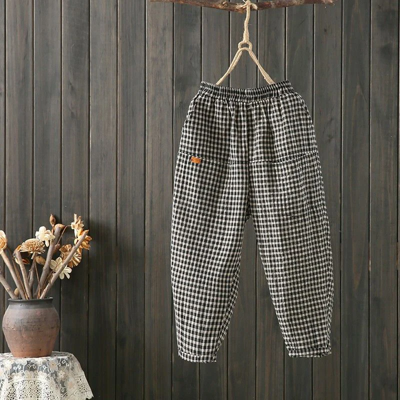 

Summer Fashion Women Elastic Waist Harem Pants cotton linen Plaid Casual Loose Pants Plus Size vintage Ankle-length Pants S737