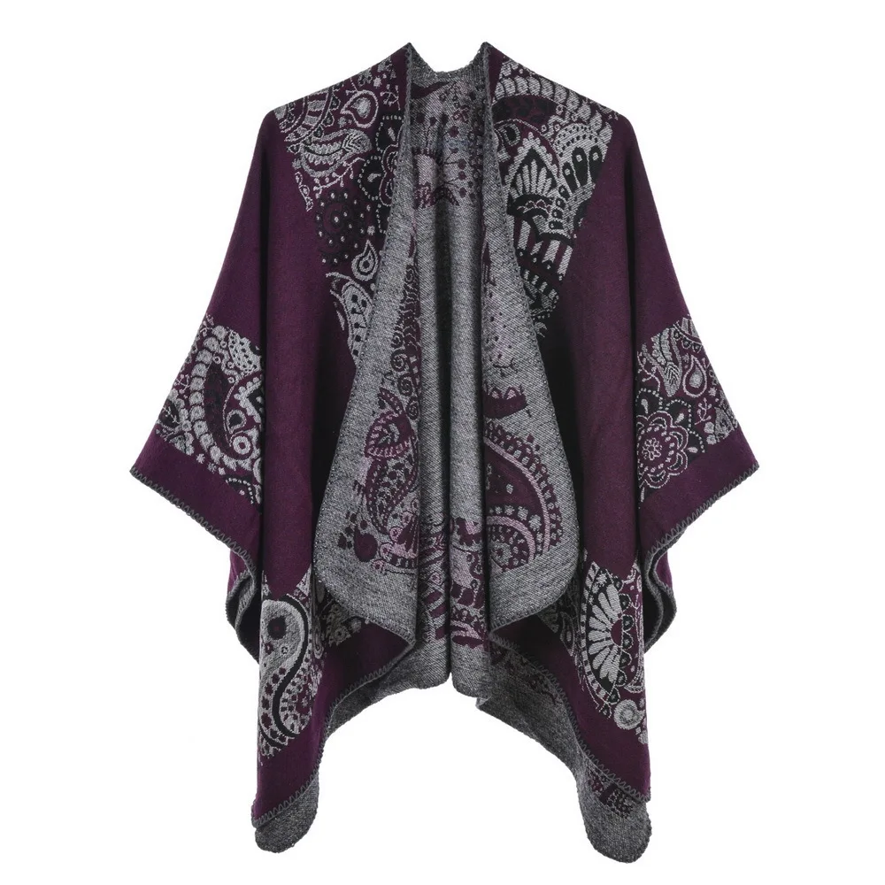 Autumn Winter Printing Double Faced Double sided Split Warm Cape Women Imitation Cashmere  Poncho Lady Capes Purple Cloaks