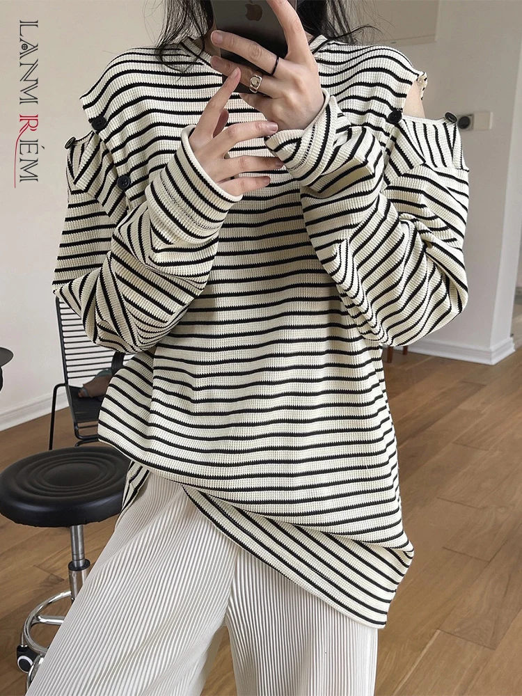 

LANMREM 2022 Autumn New Hollow Out Long Sleeve Loose Striped T-shirt Women Round Neck Shirt Tops Female Casual Pullovers 2R7992
