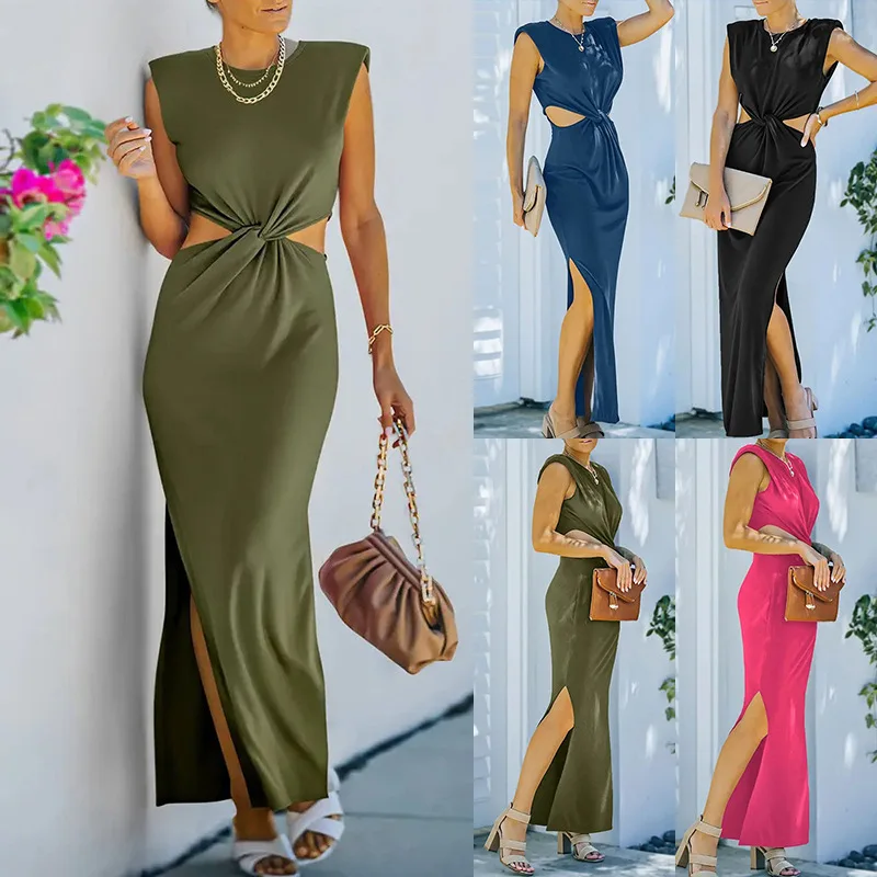 

Summer Casual Sleeveless Slit Dress Women Fashion Solid Round Neck Sleeveless Hollow Slit Straight Long Dress Women