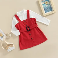 toddler kid girl outfits set mock neck long sleeve solid color ribbed tops buttons suspender overall dress with belt