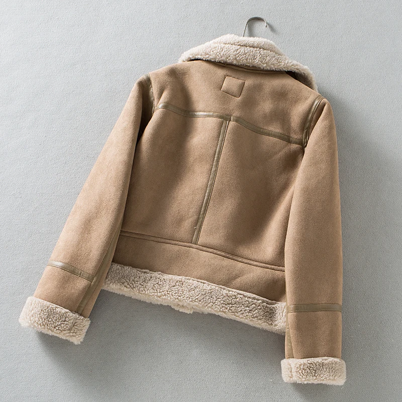 New Winter Women Thick Warm Faux Lamb Leather Jacket with Belt Streewear Suede Turndown Collar Moto Biker Coat Outwear Leather
