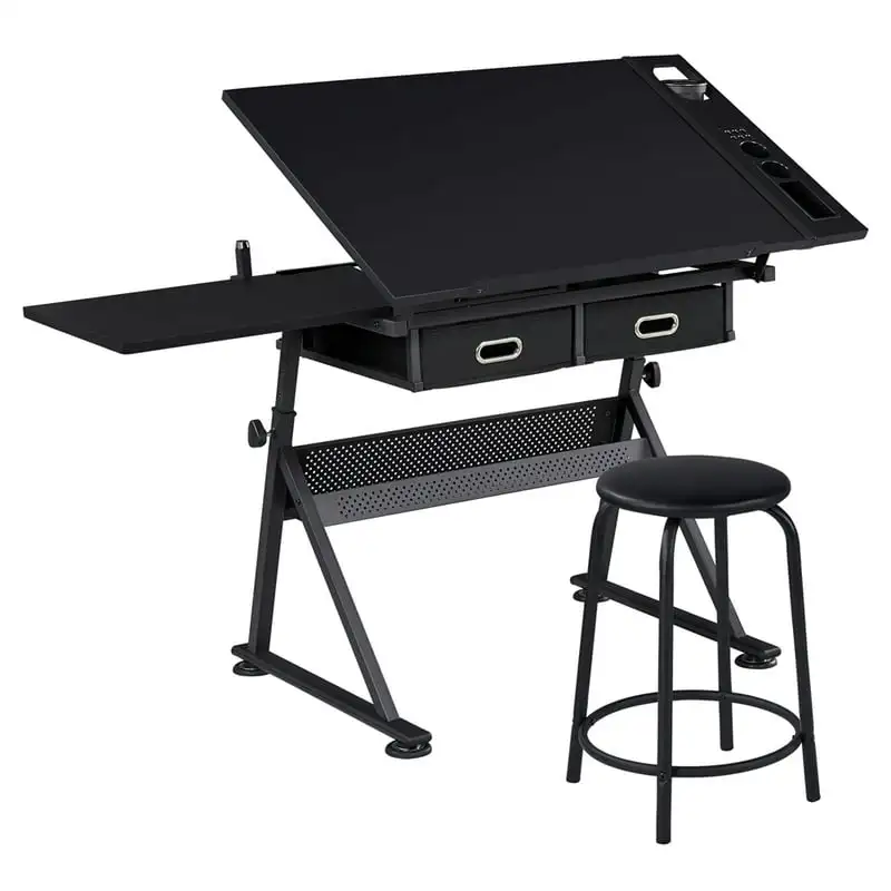 

Adjustable Drafting Table with Stool, Black