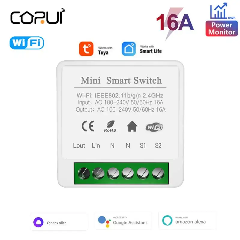 

CORUI 16A Tuya Wifi Mini Smart Switch Power Monitoring Remote Control Smart Life DIY Light Switches For Alexa Google Home Alice