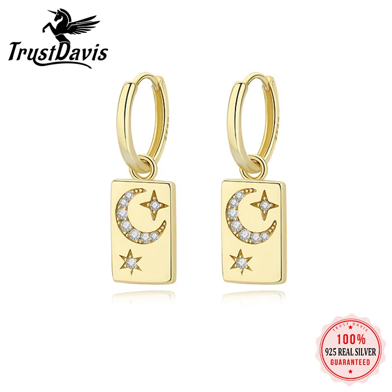 

TrustDavis Real 925 Sterling Silver Sweet Rectangle Moon Star Hoop Earrings For Women Wedding Party Fashion Fine Jewelry DA2965
