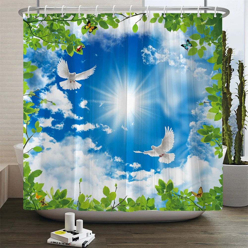 

Spring Green Plant Blue Sky and White Cloud Shower Curtain Scenery Print Waterproof Polyester Home Bathroom Curtain with Hooks