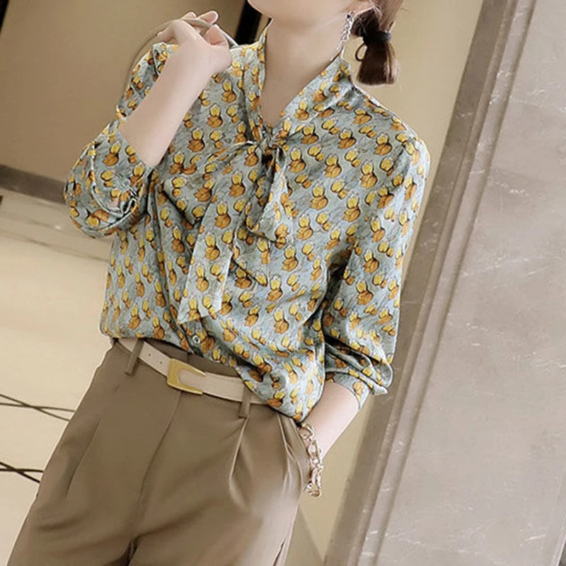Spring  scarf print small loose shirt top women  blouses  Casual  Print  Bow  womens tops and blouses  Chiffon