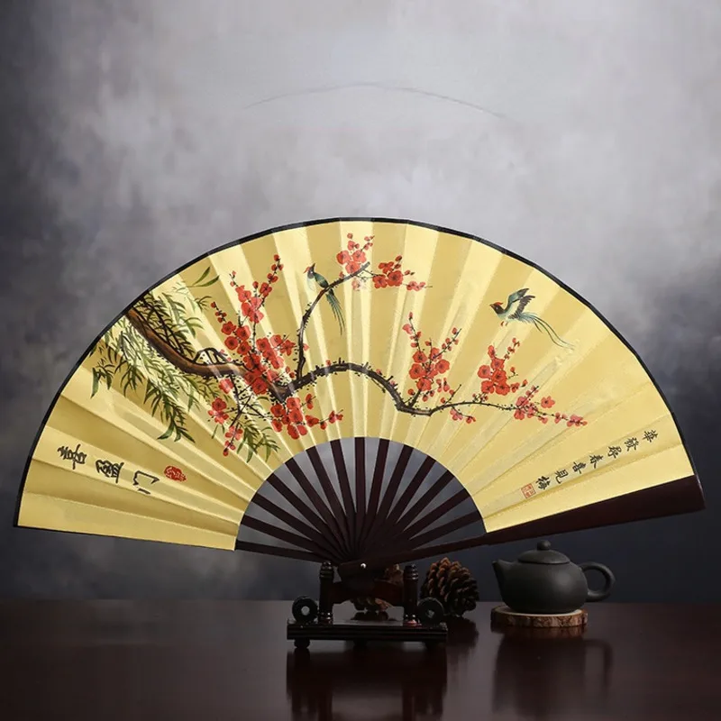 

8inch Yellow Bottom Silk Cloth Fan Handle Folding Fan In Scenic Area Chinese Men Fan Folding Fan Large Bamboo Party Hand Fans