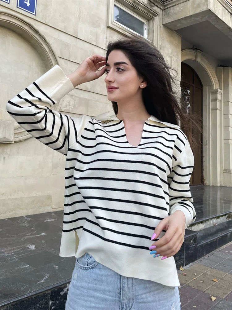 

Брендовый женский осенне-зимний Свободный теплый мягкий пуловер в полоску, повседневный вязаный джемпер, шикарный женский свитер, Женский ...