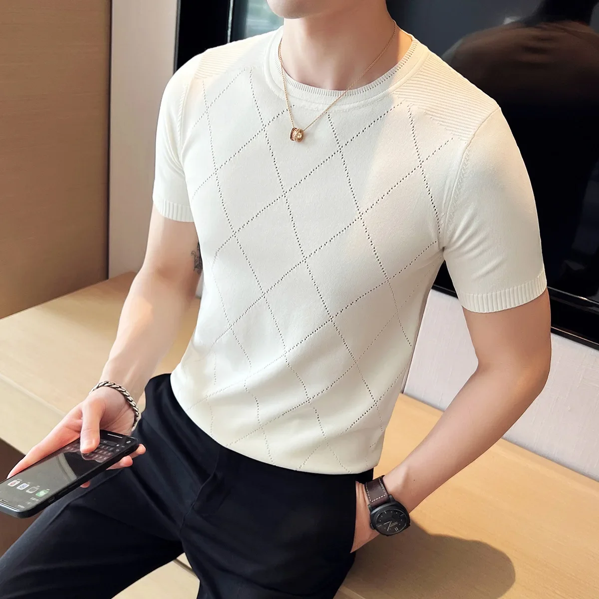 Summer Solid Color Versatile Men's T-shirt Ice Silk Plaid Round Neck Casual Business Short Sleeves Pullover Top Trendy