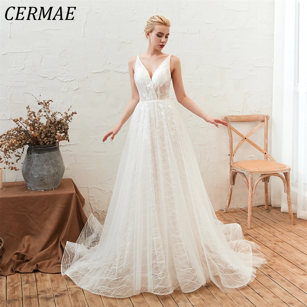 

CERMAE A-Line Chiffon V-Neck Wedding Gown Prom White Court Train Lace Up Party Dresses for Women 2023 PHOTO FACTORY PRICE