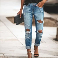 women ripped jeans mid waist denim straight pants trousers washed distressed hole jeans 2022 spring new ladies commuter bottoms
