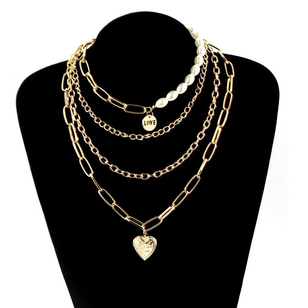 

Vintage Heart Pearl Multilayer Pendant Necklace For Women Fashion Trend Ladies Birthday Gift Party Jewelry Wholesale Direct Sale