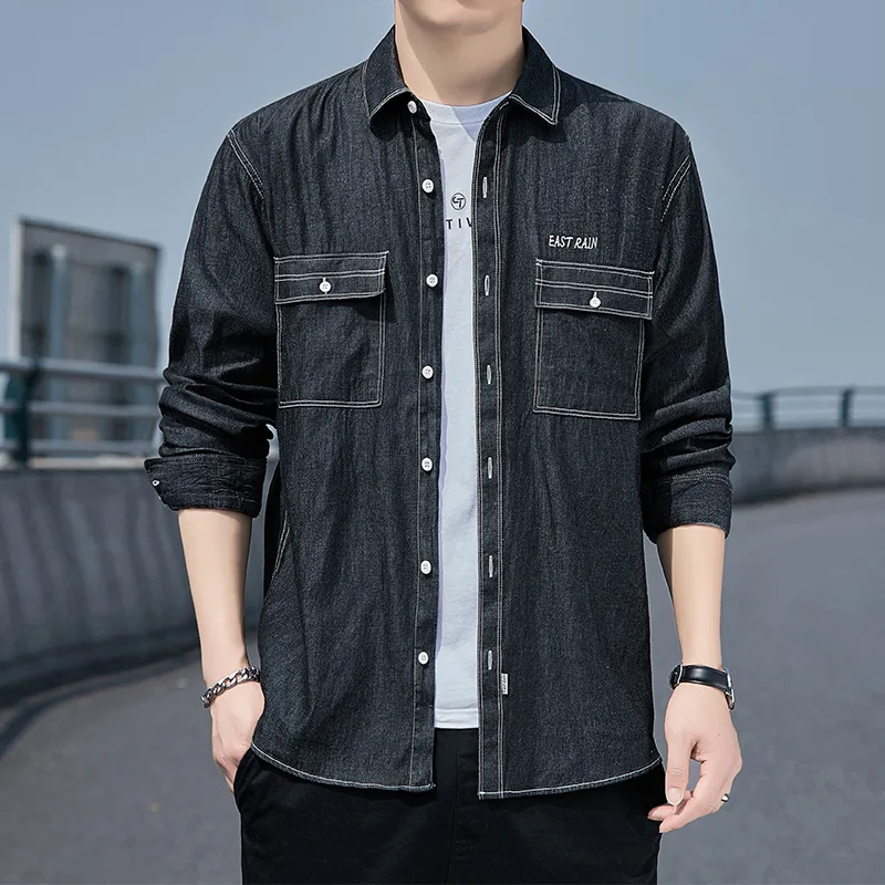 

Весна 2023, Мужская джинсовая рубашка с длинными рукавами, облегающий японский Яркий Простой и удобный Универсальный хлопковый топ