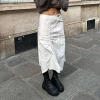 y2k white front ruffle drawstring casual long skirts women back streetwear with pockets low waist loose preppy cargo skirt