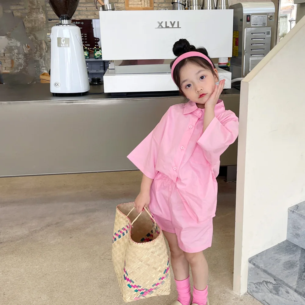 

Комплект для девочек, Новинка лета 2022, детская одежда, детский корейский розовый топ и брюки, комплект из двух предметов