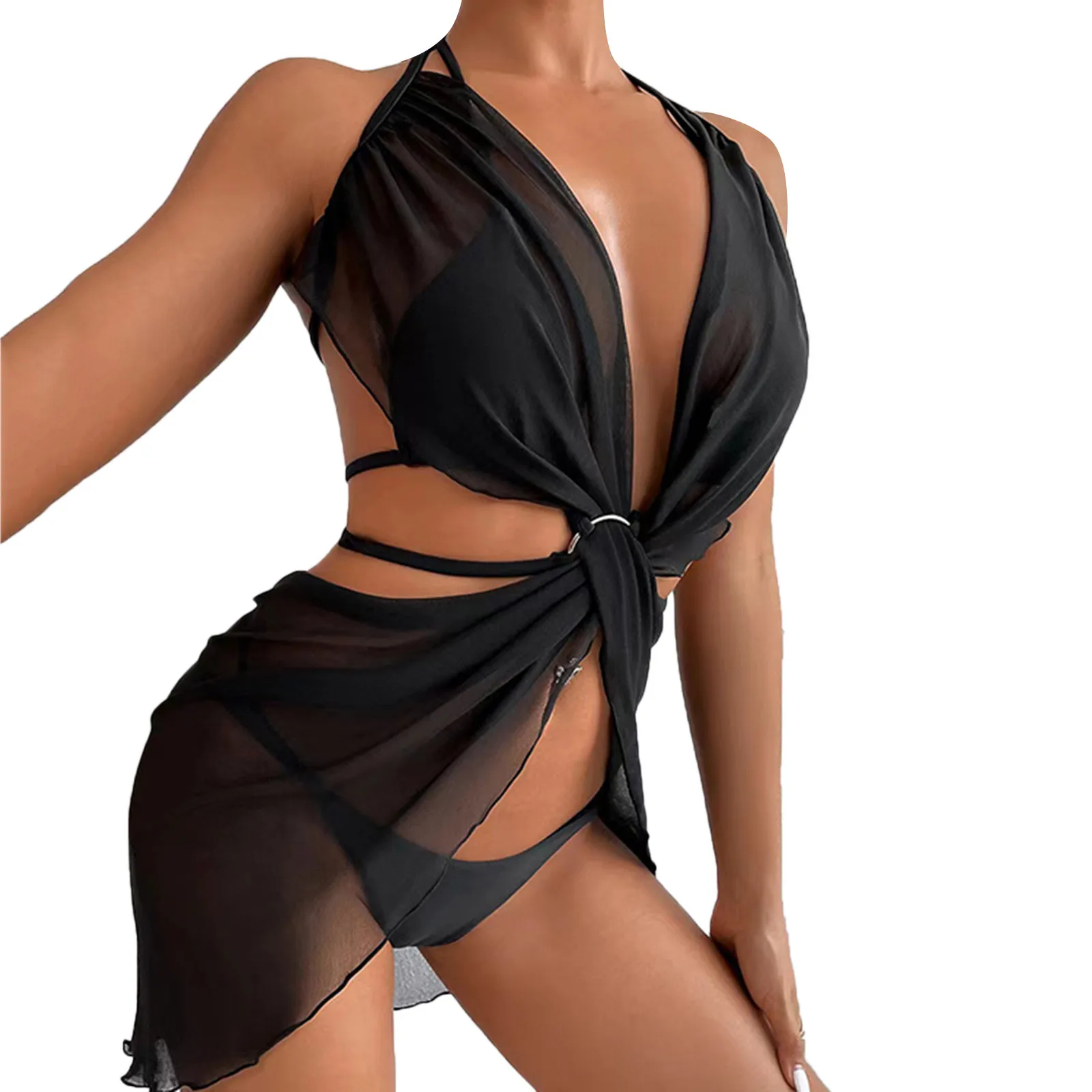 

Swimsuit Three Swimwear High Women Swimsuit Quality Bikini Halterneck Pieces Prints Back Cutout Swimwears brazilian panties
