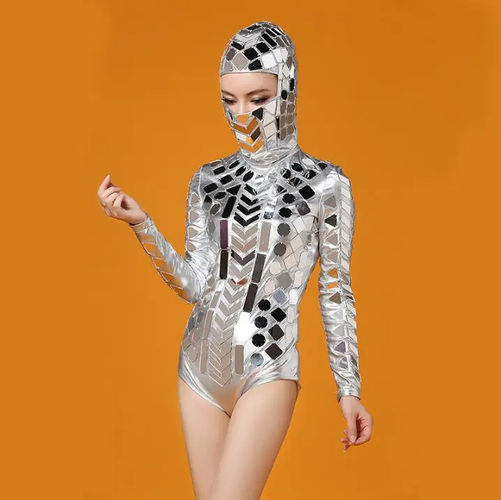 

2022 New Hand-stitched Mirror Shiny Silver Leather Jumpsuit Party Nightclub Bar Concert DJ Singer/dancer Jumpsuit