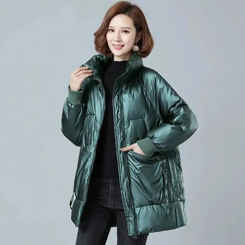 New Down Cotton Jackets Long Women's Parka Stand Collar Solid Winter Tops Loose High Quality Outwear Fashion Padded Casual Coats