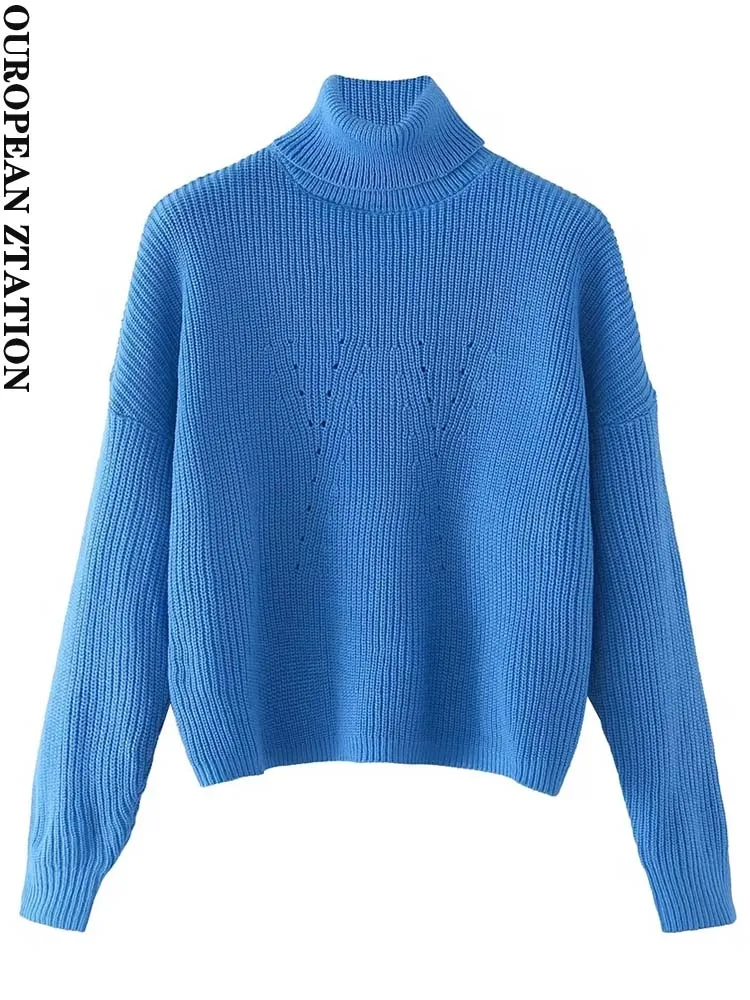 

PAILETE Women 2022 fashion oversized knit sweater vintage high neck long sleeve female pullovers chic tops