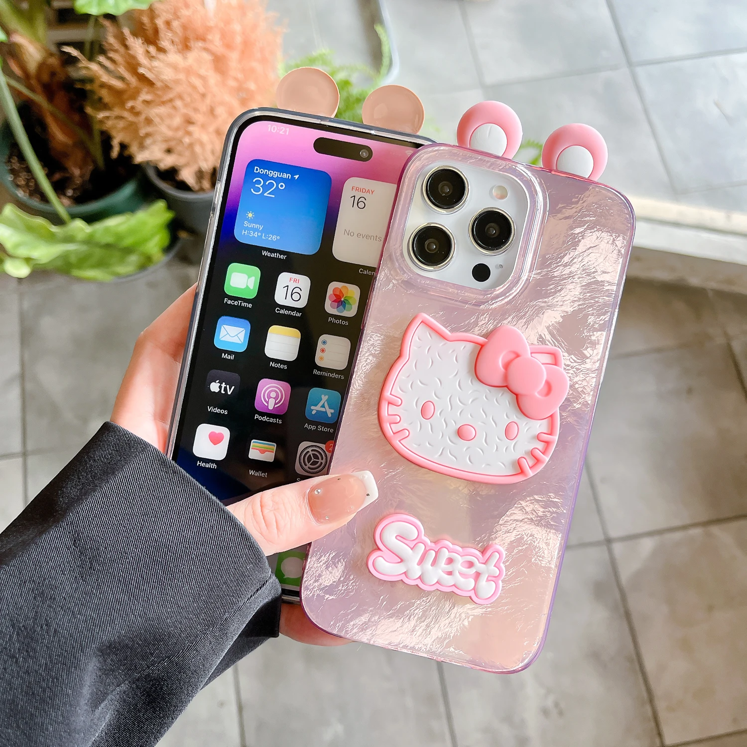 Мягкий чехол из ТПУ для iPhone 16 15 14 13 Max Plus с милыми 3D ушками Hello Kitty текстура ледника