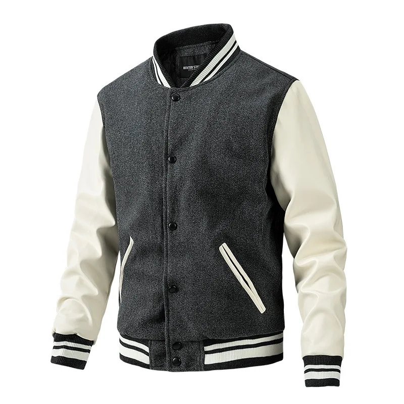 

2022 Autumn Winter Woolen Cloth Baseball Jacket Men PU Leather Patchwork High Street Men's Jackets Black Green Outwear E211