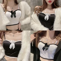 sexy bow colorblock crop tops summer new spaghetti strap tanke top off shoulder sleeveless patchwork camis for women ins