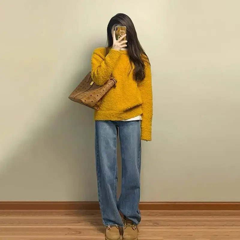 Осень/зима новый вязаный топ с длинными рукавами женский свободный крой мягкий и