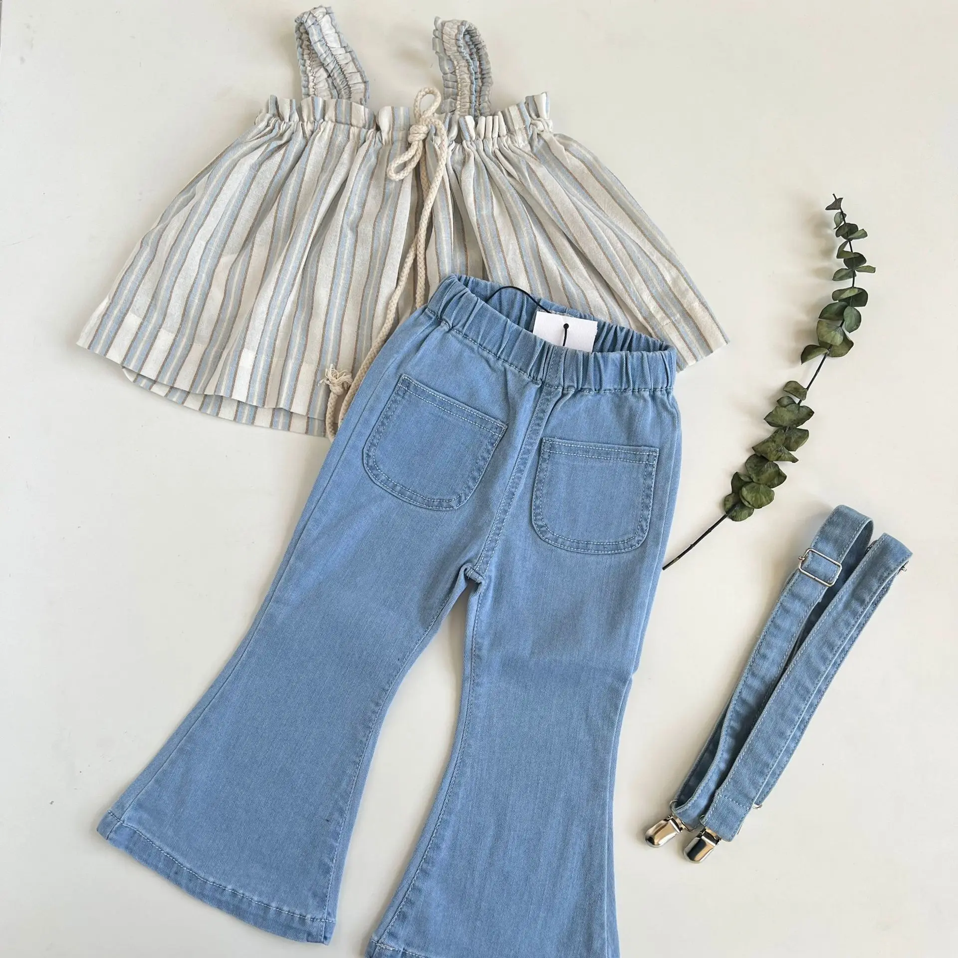 

Girls Suspender Tops 2022 Summer New Fashion Linen Girls Clothes Blue Denim Flared Pants Girls Are Overalls Children's Clothing