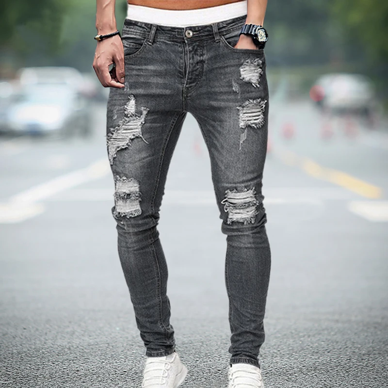 Streetwear 2021 Men's Black Ripped Jeans Men Skinny Hip Hop Denim Trousers Casual Slim Jeans for Men Jogging jean homme