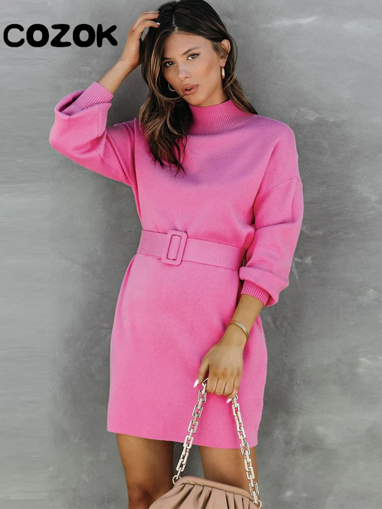 

Elegant Turtleneck Knitted Dress Women Soft Elastic Long Sleeve Fashion Sweater Mini Office Dresses 2022 Autumn Winter Clothing