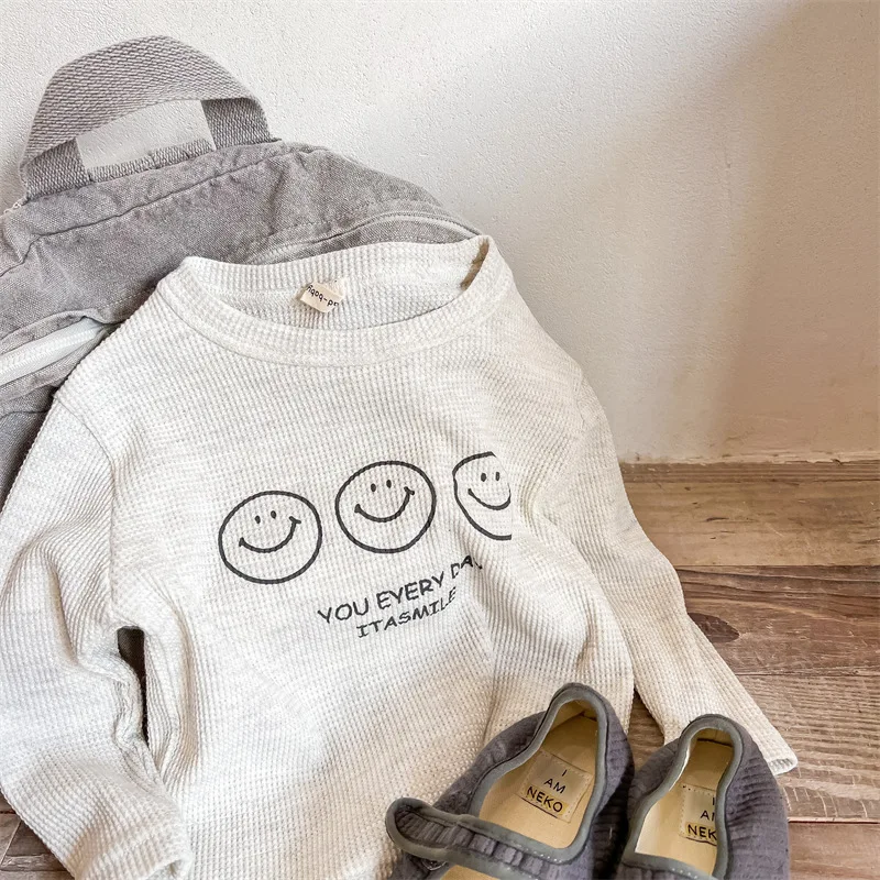 Children Long Sleeve T Shirt New Cartoon Smiley Letter Printed Girls Loose Pullover Kids Boys Cotton Casual Bottoming Tops