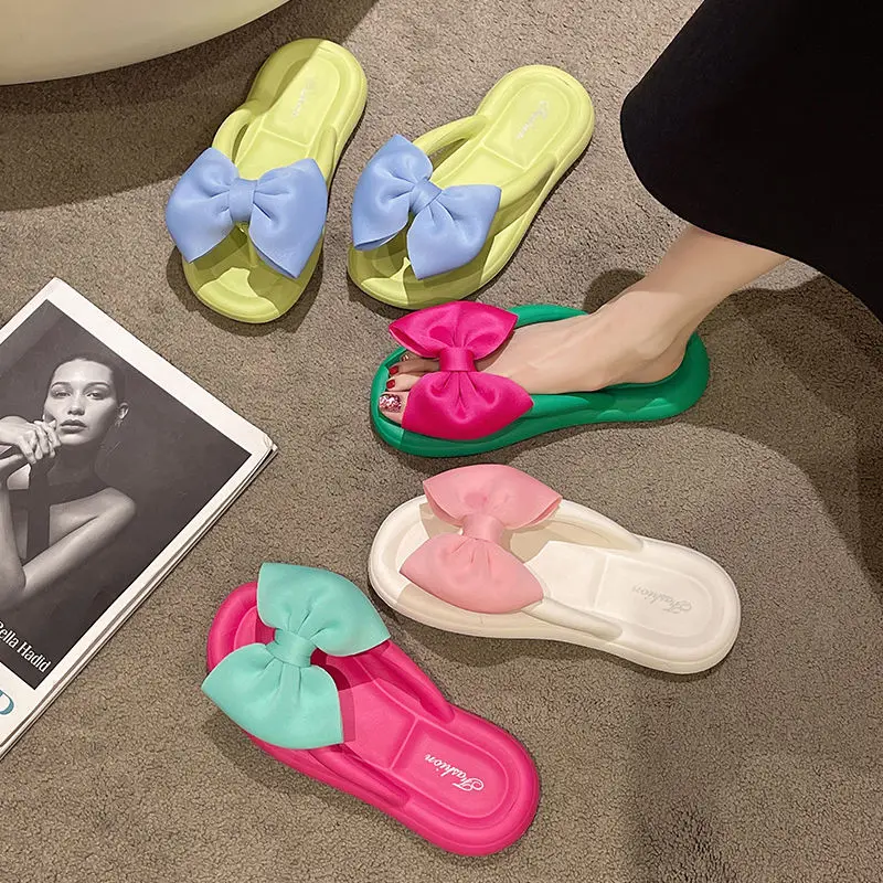 

Women Slippers 2022 Summer Cozy Casual Slides Beach Anti-slip Women Platform Shoes Bow Designer Sandals Flats Slippers