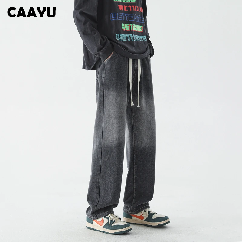 CAAYU Korean Fashion Men's Baggy Jeans Classic Japanese Streetwear Straight-leg Denim Wide-leg Pants Male Light Blue Jeans Mens