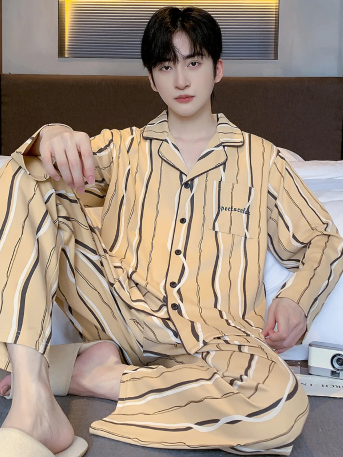 Yueggplant Хлопковая пижама Мужской весенне-осенний кардиган с длинными рукавами из