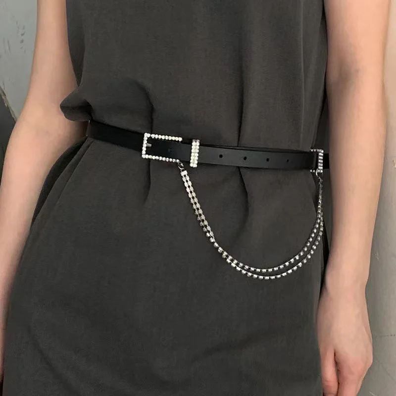 

New Ladies Rhinestone Hanging Chain Black Thin Belt Punk Decorative Skirt Waistband Ins Style Wild Shirt Fashion Women Belt