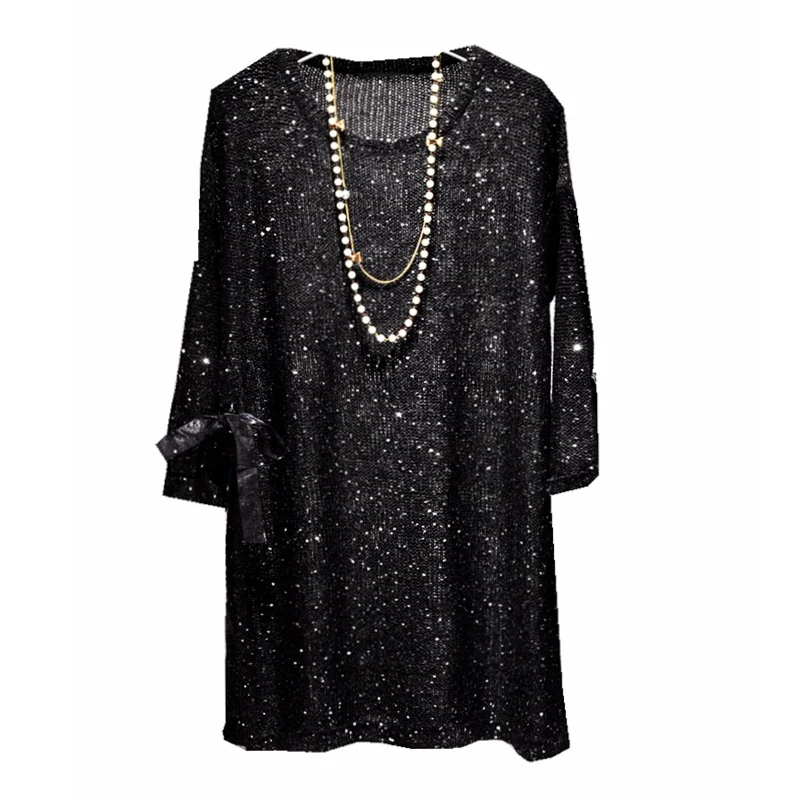 

Spring and Autumn Sequined Hollow Split Long Sleeve Dress BINGBING Sequin Loose Pullover Bottoming Skirt