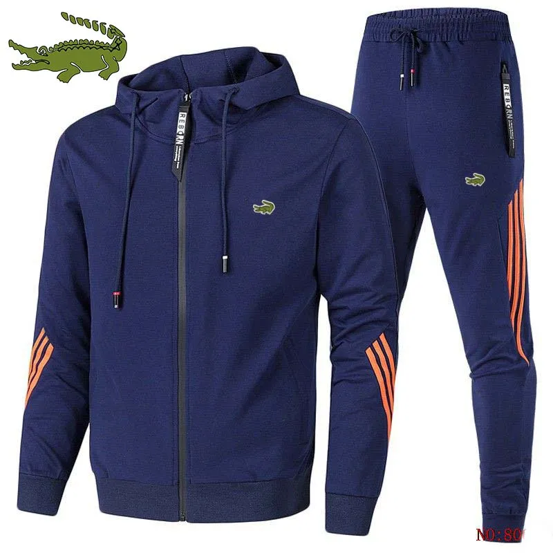

2022 European and American new products three-bar men's fashion sports suit hooded zipper air layer casual suit