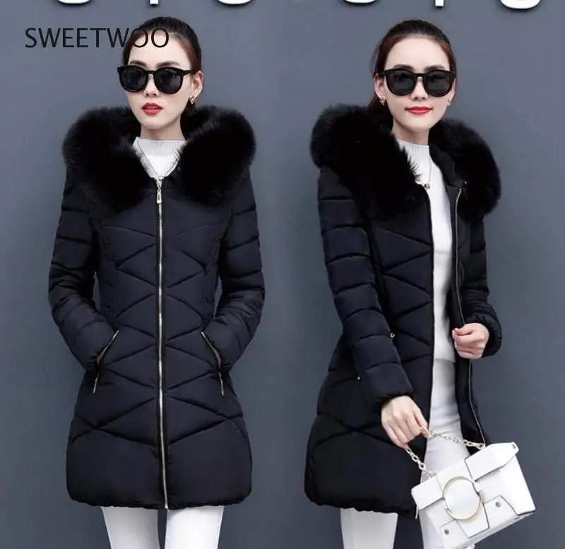 Women Winter Jackets Coats Down cotton Hooded Parkas Feminina Warm Outwear Faux Fur Collar  Long Coats Contracted Slim