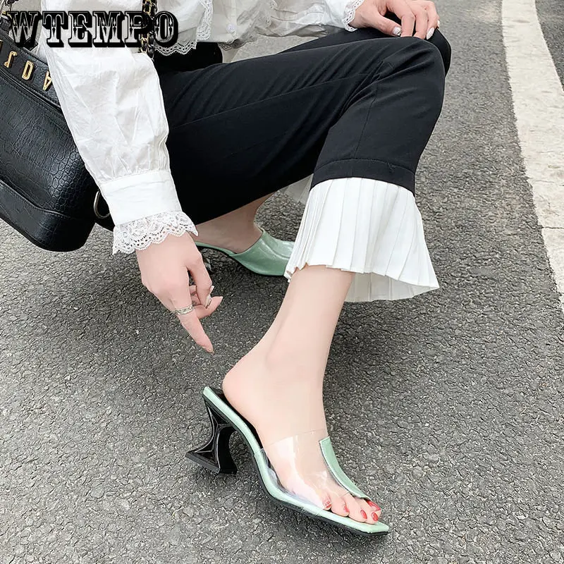 WTEMPO Women's Open Toe Fashion Pump Heel Sandal Ladies Patchwork Transparent Square Open Toe Slides Wholesale Dropshipping