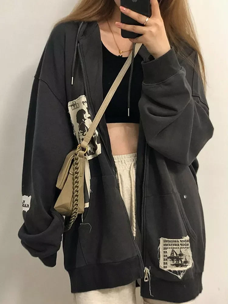

HOUZHOU Grunge Gothic Oversized Gray Women Hoodie E Girl Patchwork Black Sweatshirts 90s Vintage Style Autumn Zip-up Crop Tops