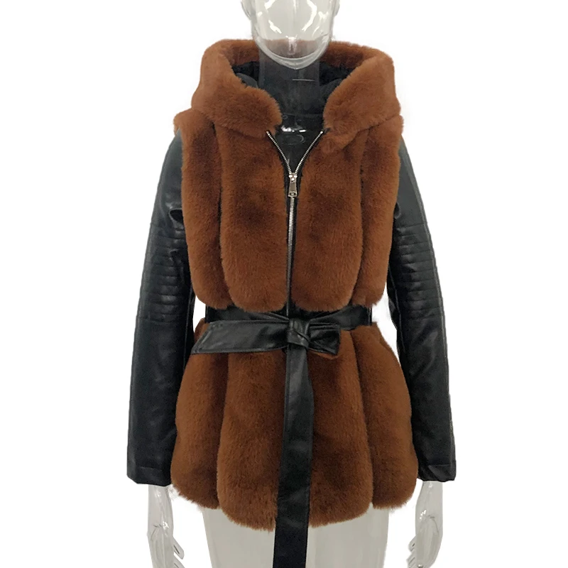 Winter Warm Rabbit Faux Fur Coats Women Fashion Slim Hooded Jackets Women Elegant Tie Belt Leather Fur Coats Parkas Female