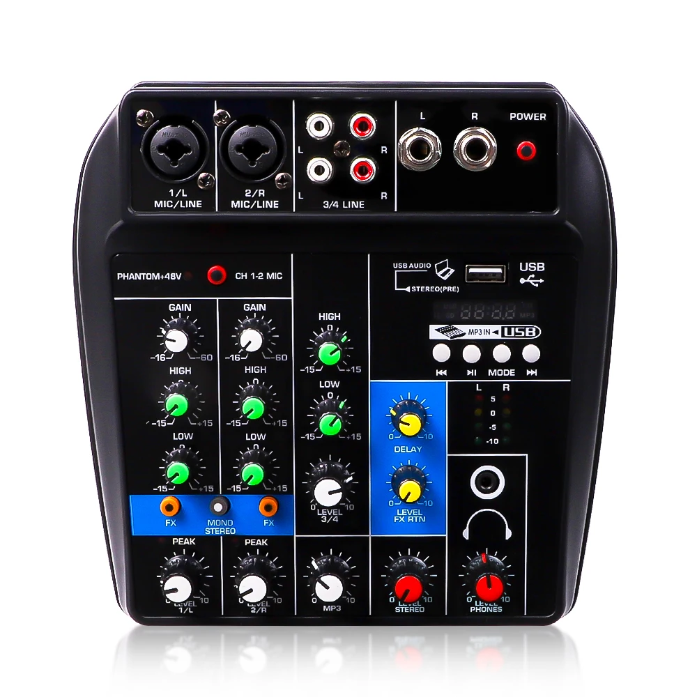 

Профессиональные миксеры, смешивающая консоль, 4-канальный аудиомиксер, RCA выход, Bluetooth, 48 В, фантомное питание, задержка, эффект повторной по...