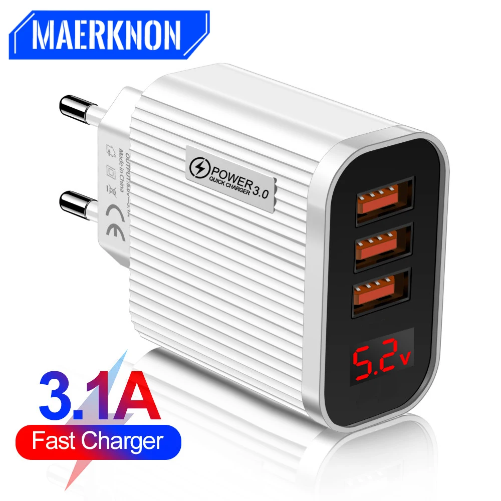 

3 Ports USB Charger Quick Charge 3.0 With LED Digital Display Wall Charger For iPhone Xiaomi Fast Charging Mobile Phone Chargers