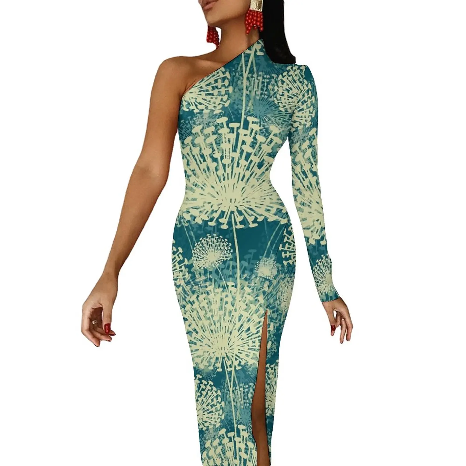 

Одуванчик облегающее платье женское винтажное растительное винтажное платье макси на одно плечо платье с фотопечатью идея подарка