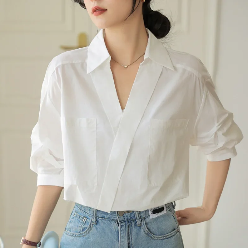 

Summer V-neck Cotton White Office Shirt Fashion Thin Short Sleeve Blouse Women Casual Loose Shirts New Solid Lady Tops 27509