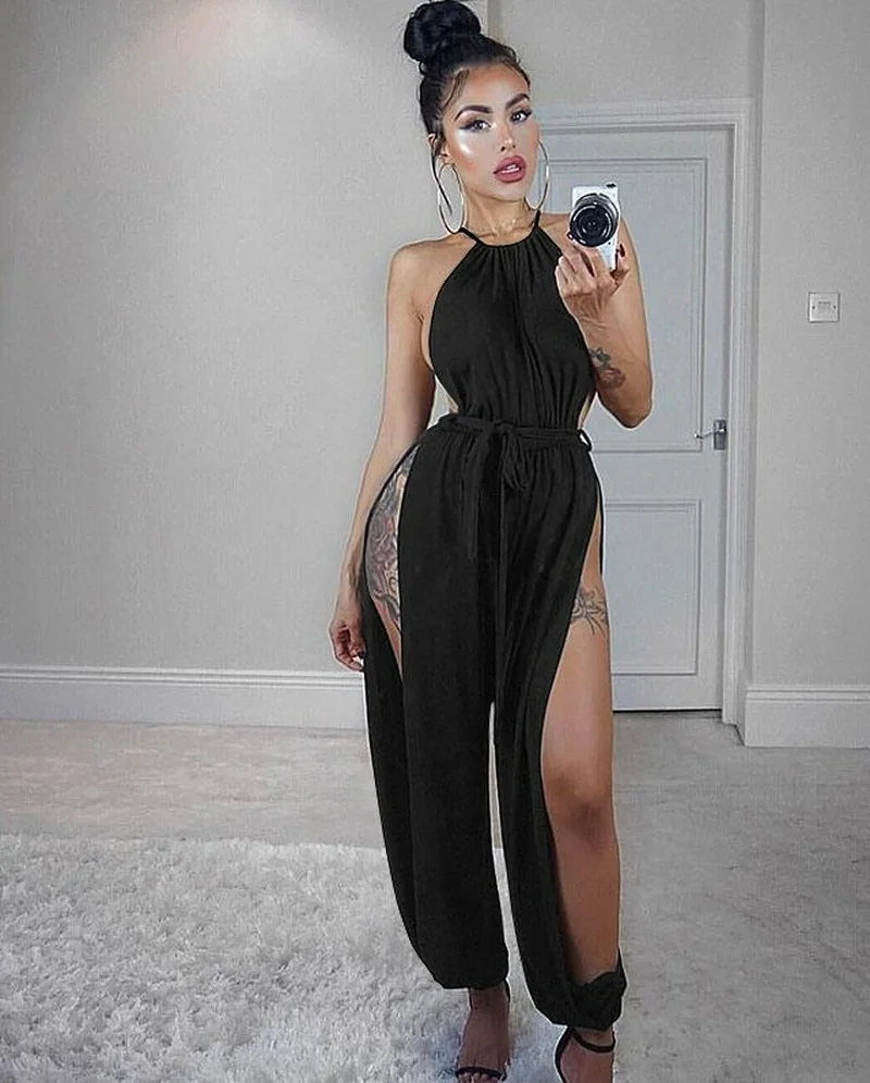 Sexy Lace Up Slim Rompers Jumpsuit Women Hollow Out Casual Solid Sleeveless O-Neck Belt Elegance Streetwear Womens Fashion 2022