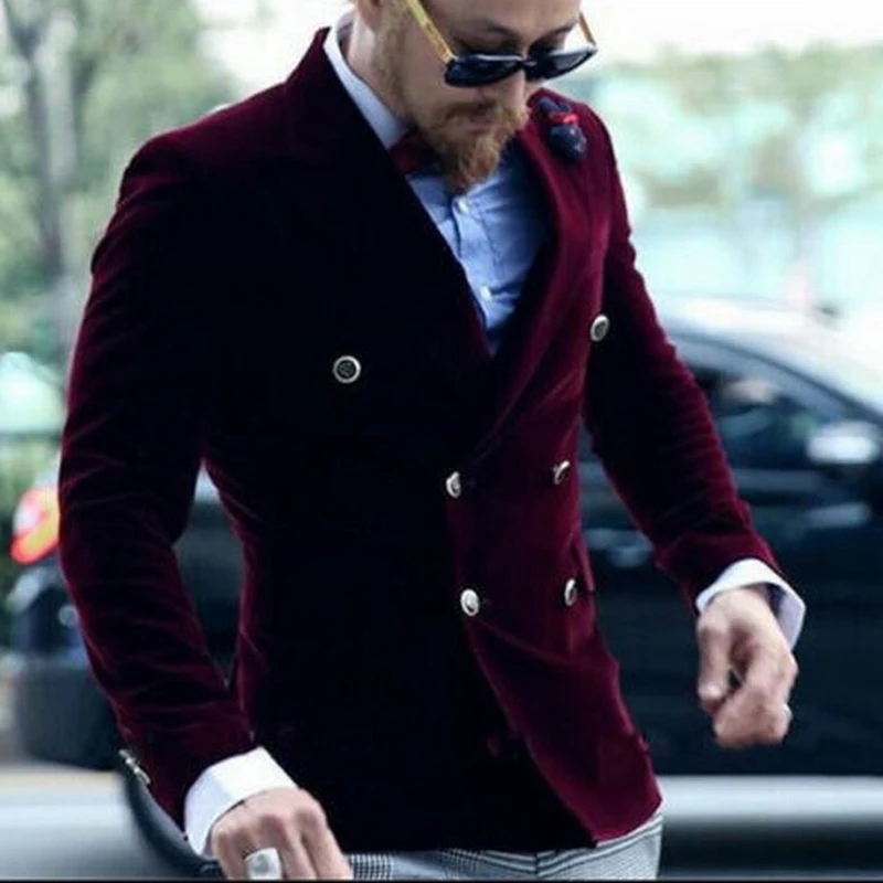 1 PCS Burgundy Velvet Blazer Slim Fit Double Breasted Tuxedo