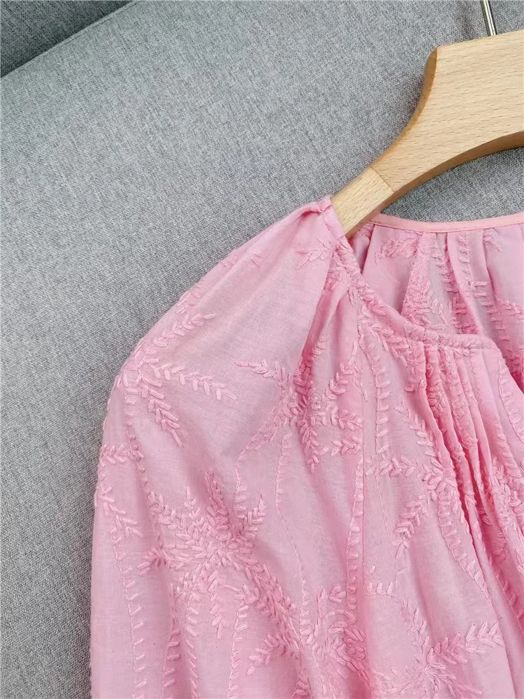 

Женское Хлопковое платье с вышивкой, элегантное розовое платье с оборками на талии, на шнуровке, лето 2023