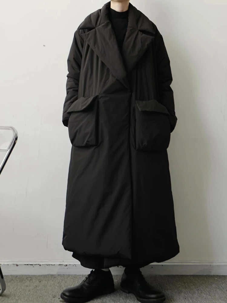 

Women Parka Solid Simple Single Breasted Quilted Winter Outwear Jacket All Match Loose Leisure Long Warm Overcoat 2022